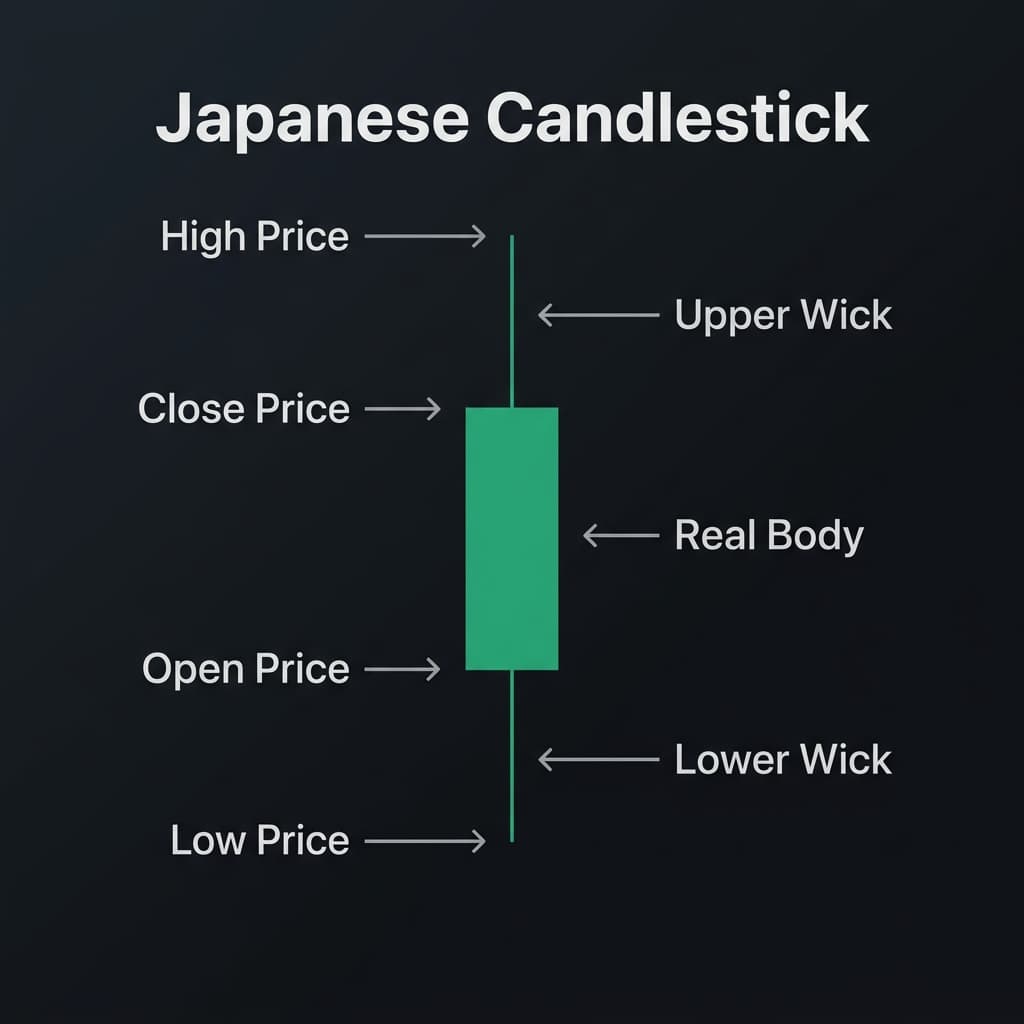 Japanese Candlestick Anatomy Diagram showing Open, High, Low, and Close prices
