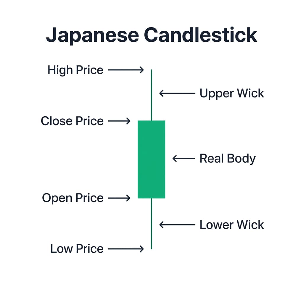 Japanese Candlestick Anatomy Diagram showing Open, High, Low, and Close prices