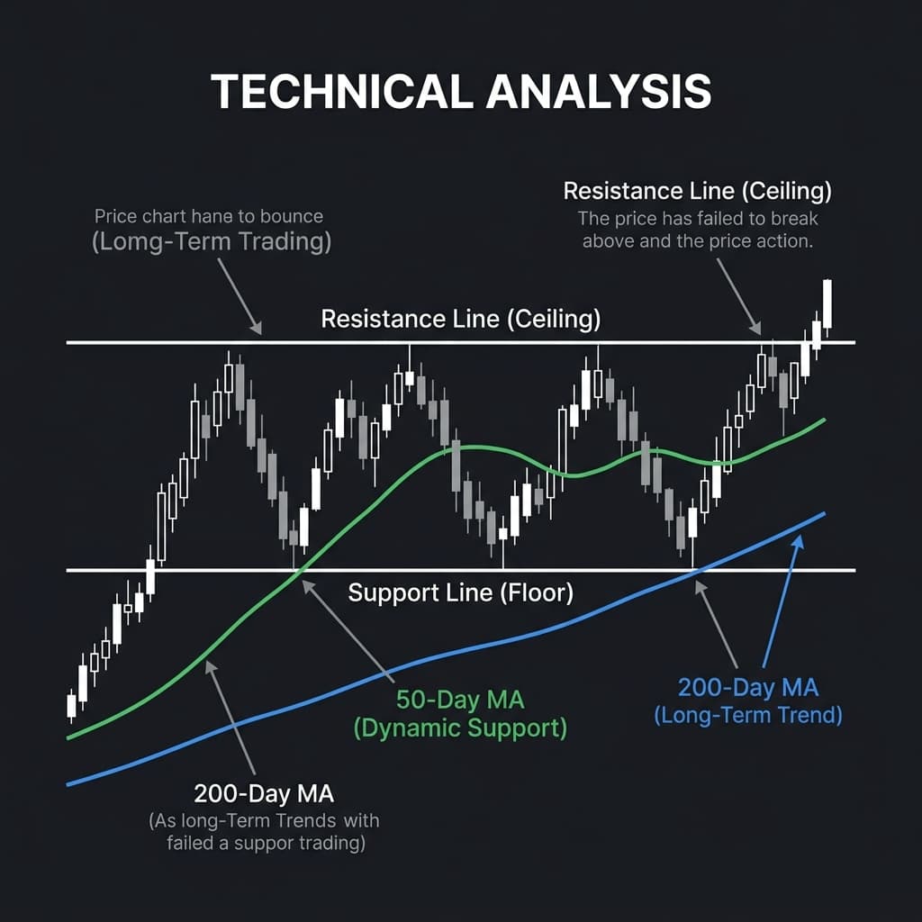 Support, Resistance, 50-Day MA and 200-Day MA Technical Analysis Chart