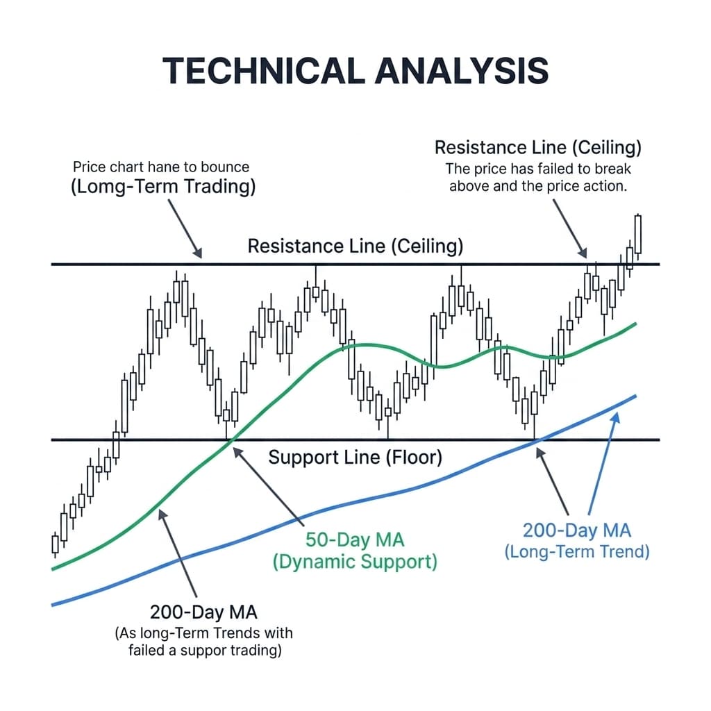 Support, Resistance, 50-Day MA and 200-Day MA Technical Analysis Chart
