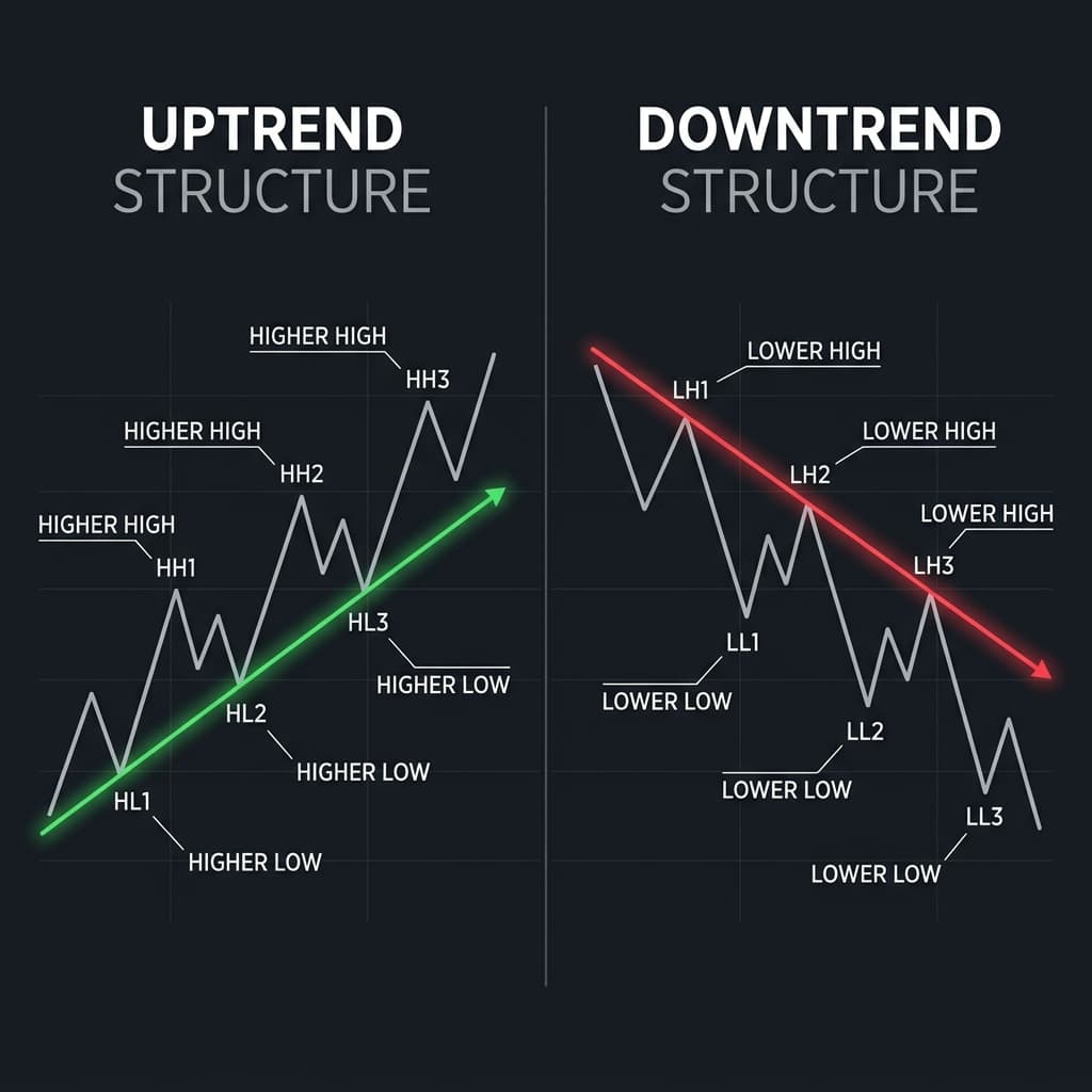 Uptrend vs Downtrend Technical Analysis Structure Diagram