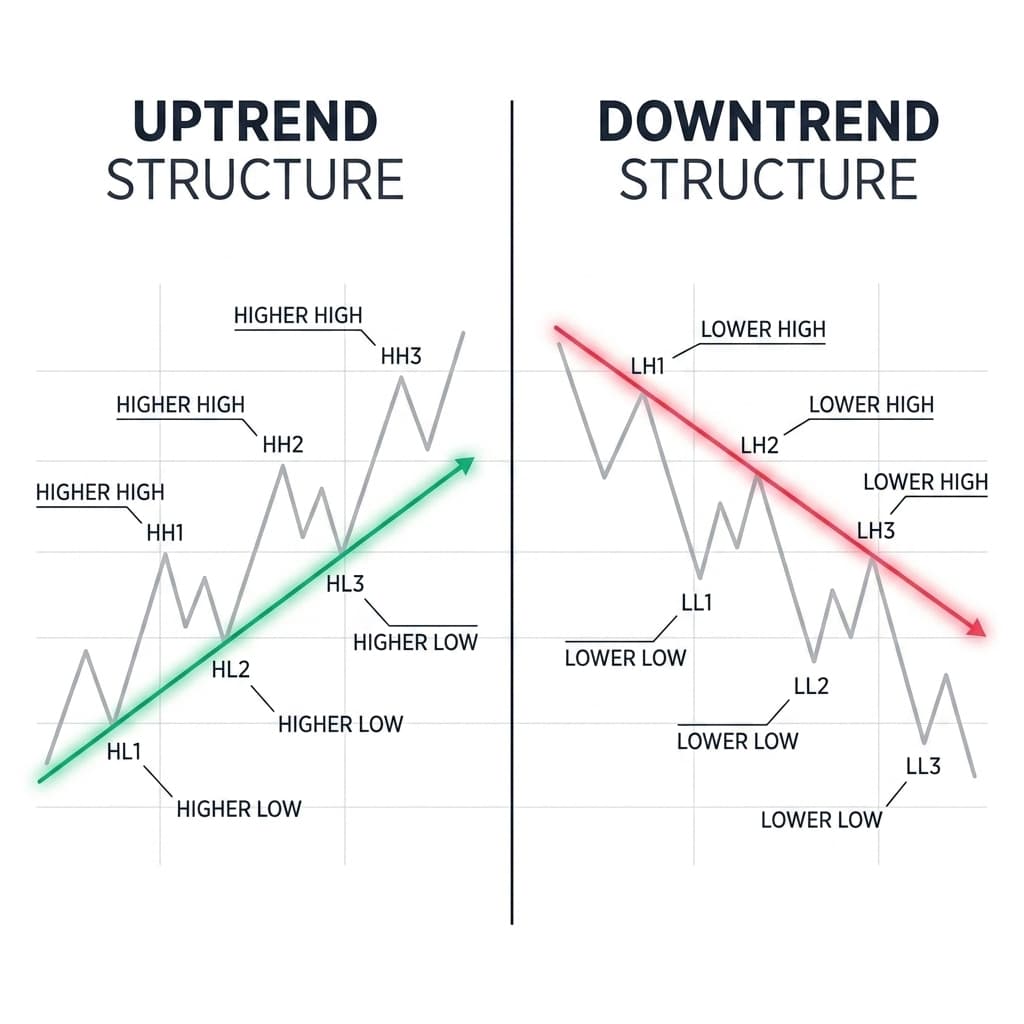 Uptrend vs Downtrend Technical Analysis Structure Diagram